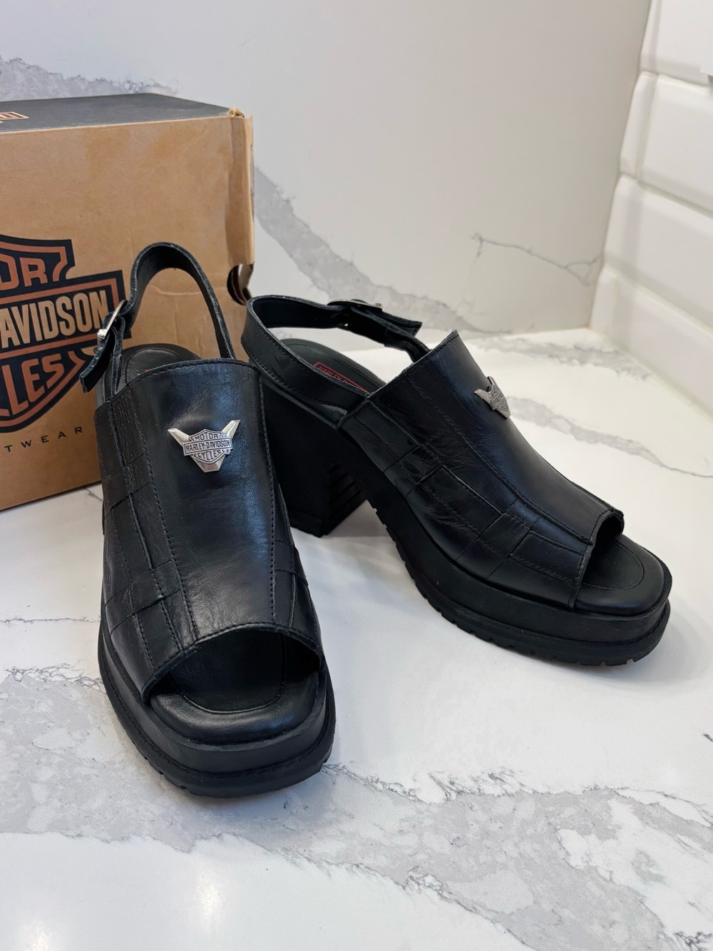 Harley-Davidson Women’s 10 Vintage Black Leather Fury Peep Toe Mule Heels